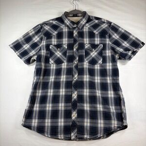 Bullhead Mens XL Blue Plaid Pearl Snap Western Cowboy Shirt Short Sleeve Cotton